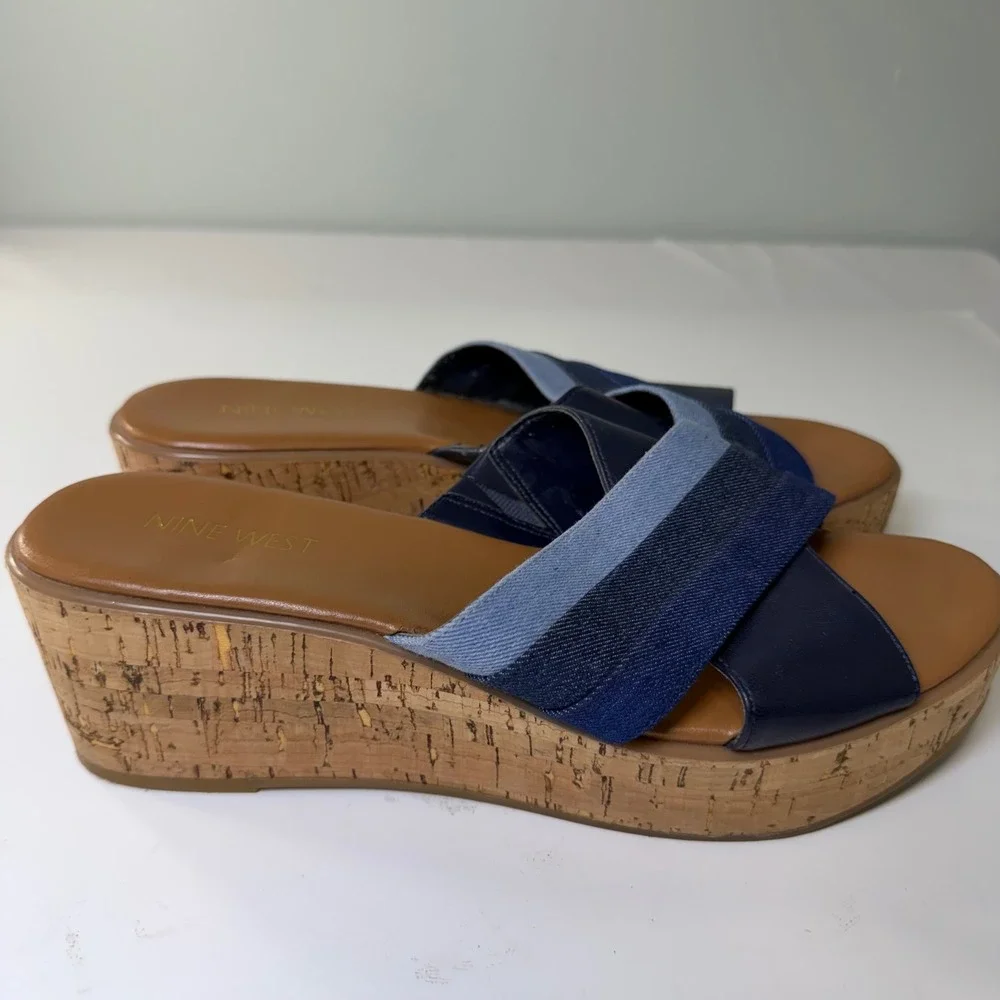 Nine West Xach Aryo Blue Denim Cork Wedge Platform Sandals Womens‎ 8M